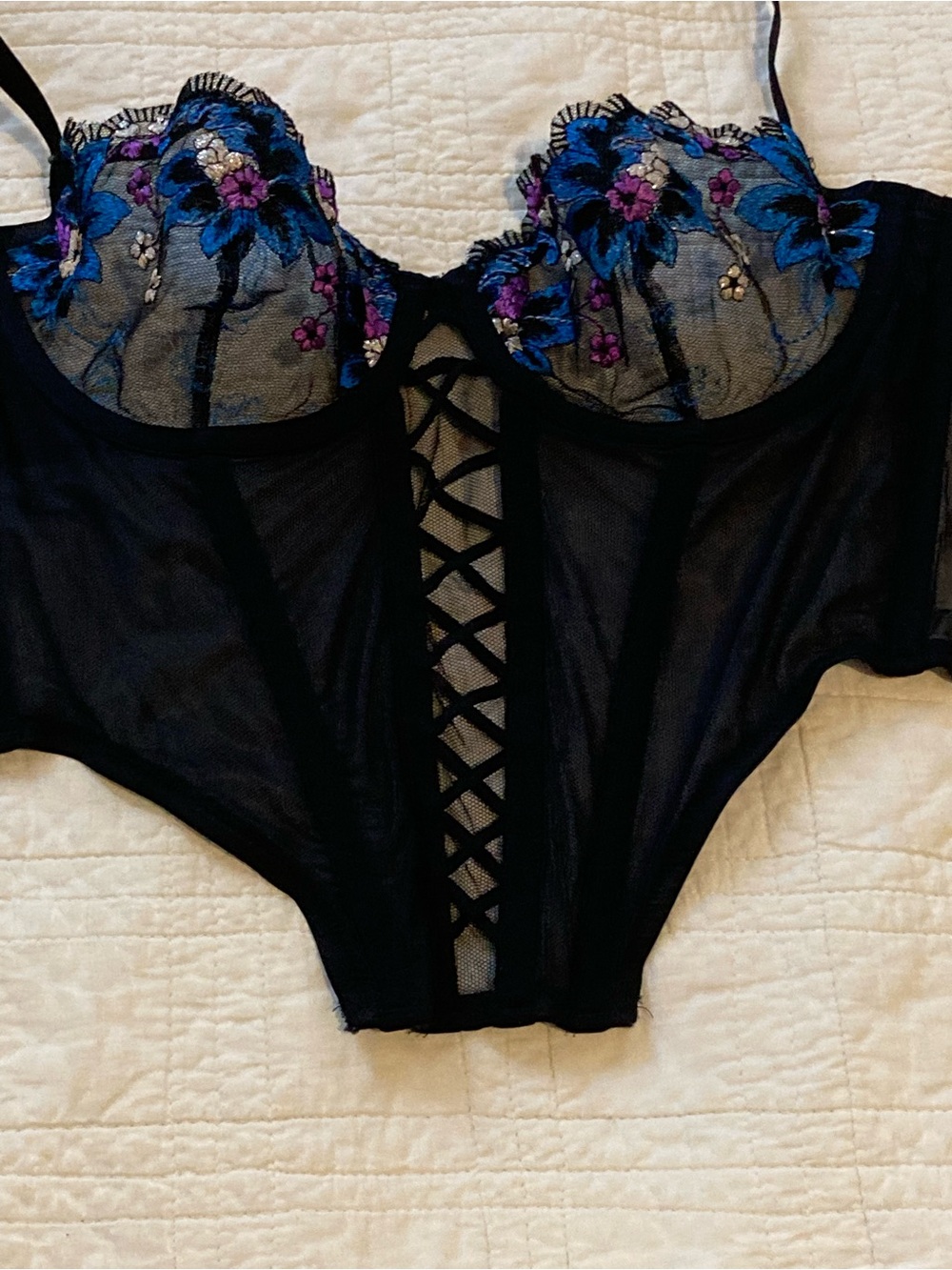 Savage X Fenty Black Sheer Corset with Blue and Purple Floral Embroidery